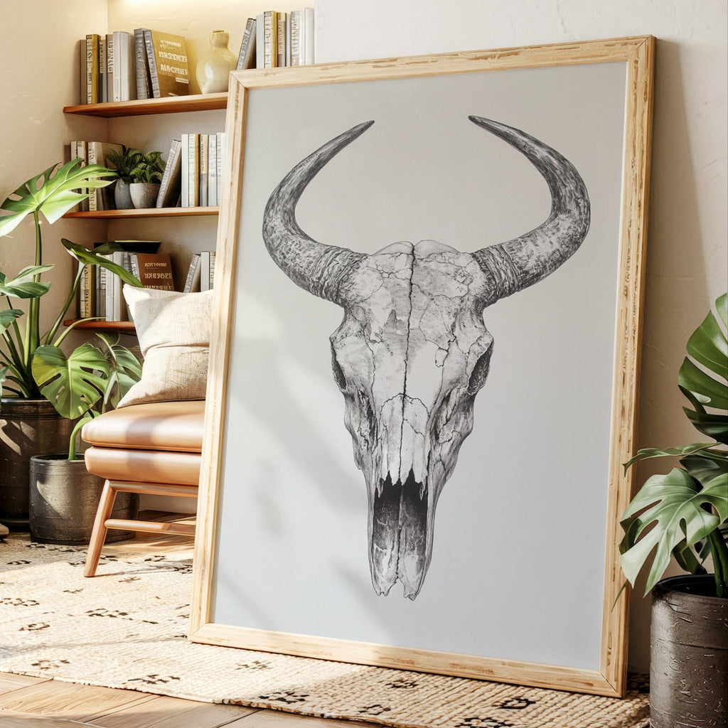 Western Bull Skull Line Art Print – Rustic Cowboy Wall Decor