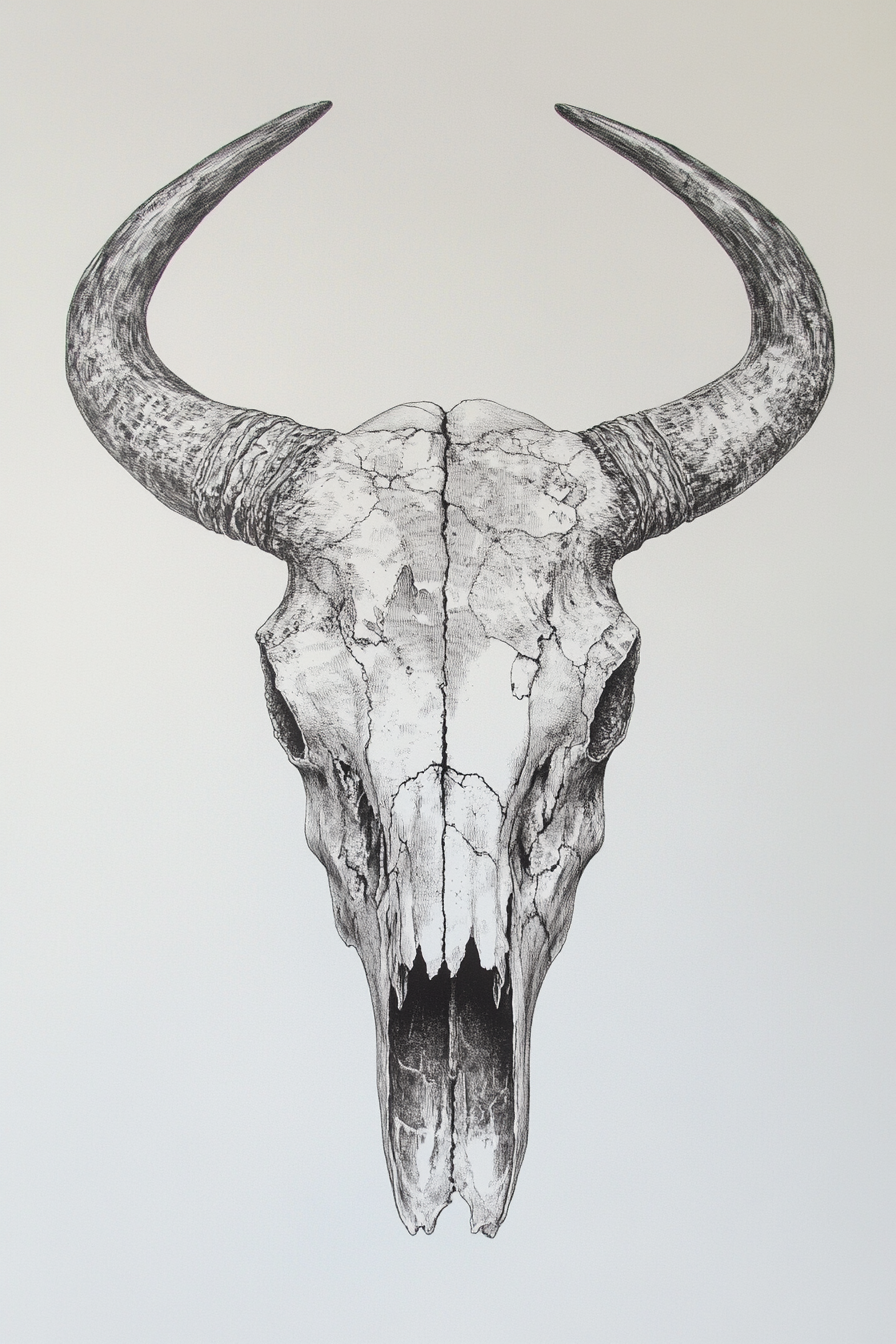 Western Bull Skull Line Art Print – Rustic Cowboy Wall Decor