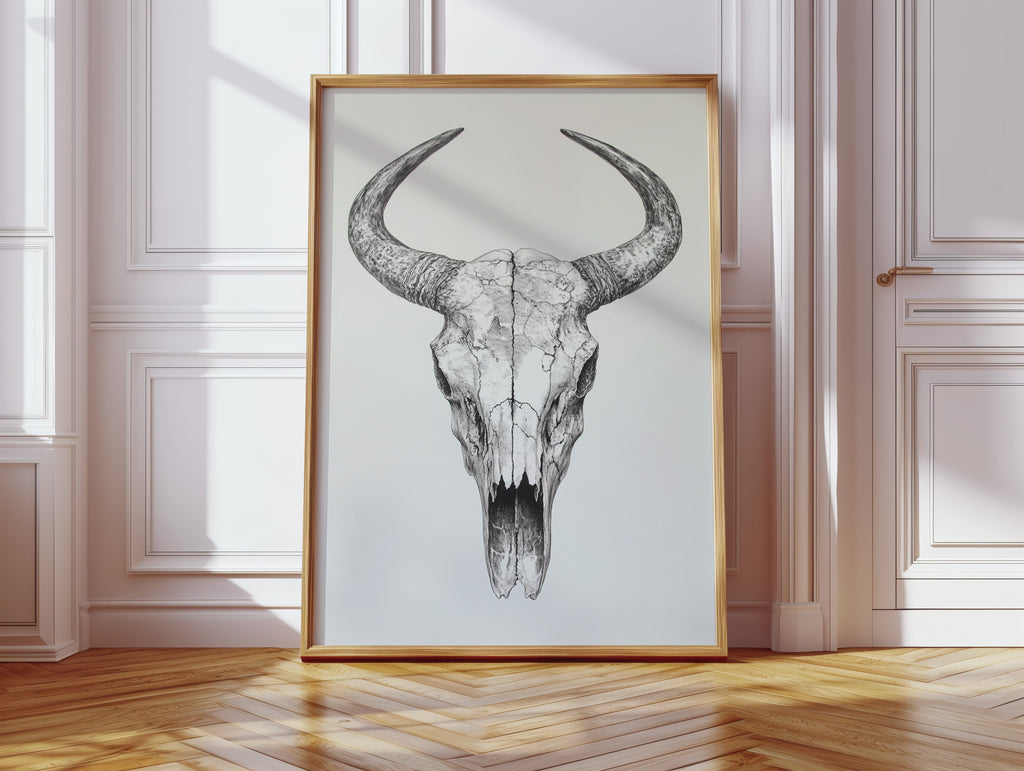 Western Bull Skull Line Art Print – Rustic Cowboy Wall Decor