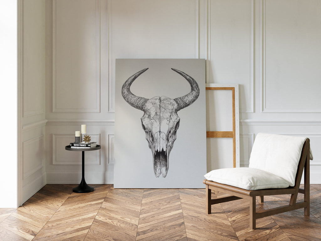 Western Bull Skull Line Art Print – Rustic Cowboy Wall Decor