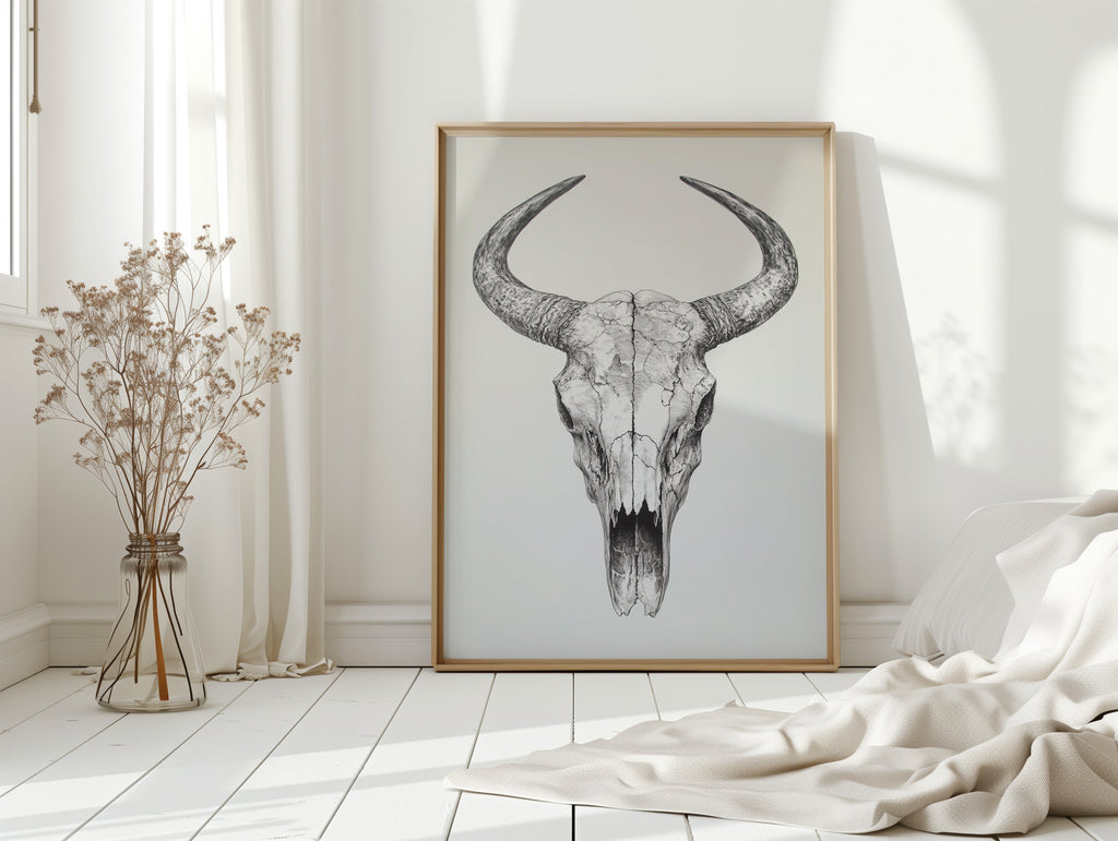 Western Bull Skull Line Art Print – Rustic Cowboy Wall Decor