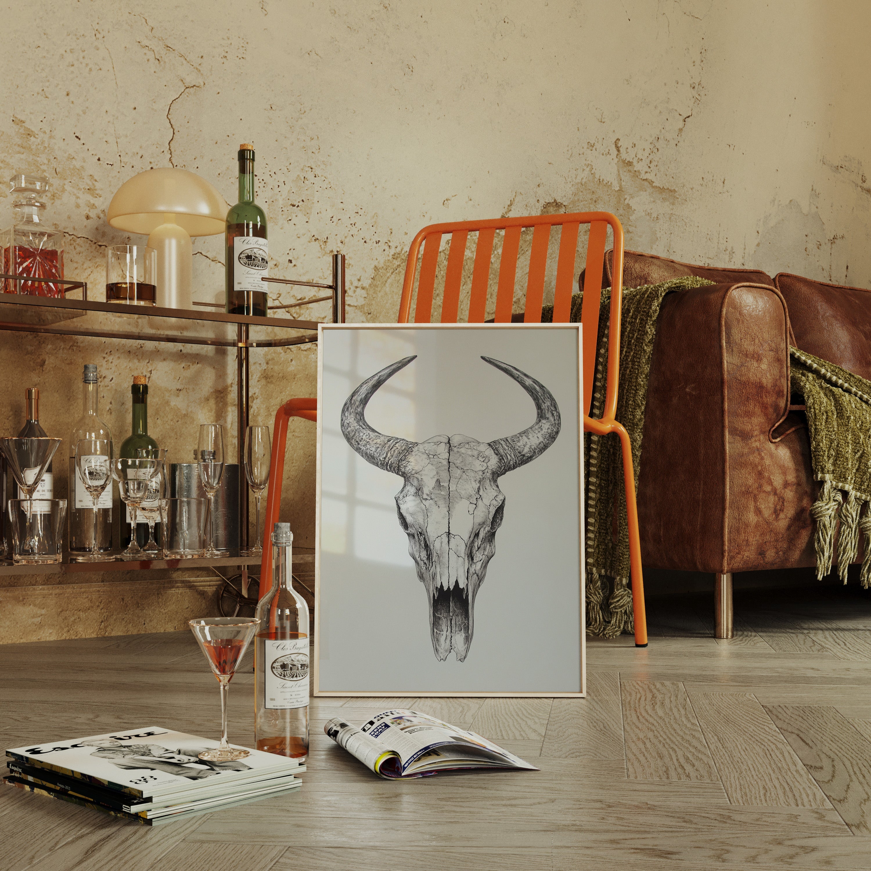 Western Bull Skull Line Art Print – Rustic Cowboy Wall Decor
