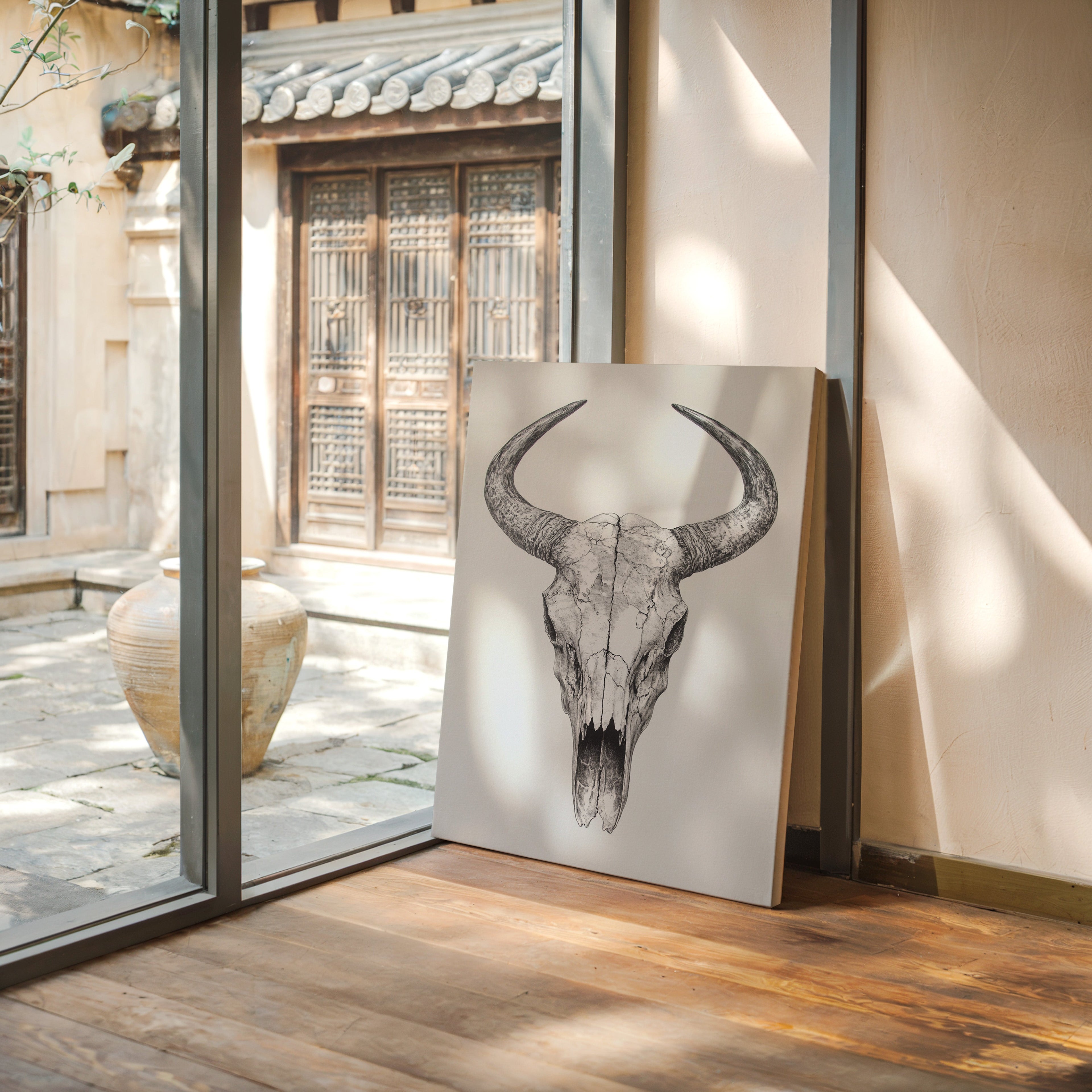 Western Bull Skull Line Art Print – Rustic Cowboy Wall Decor