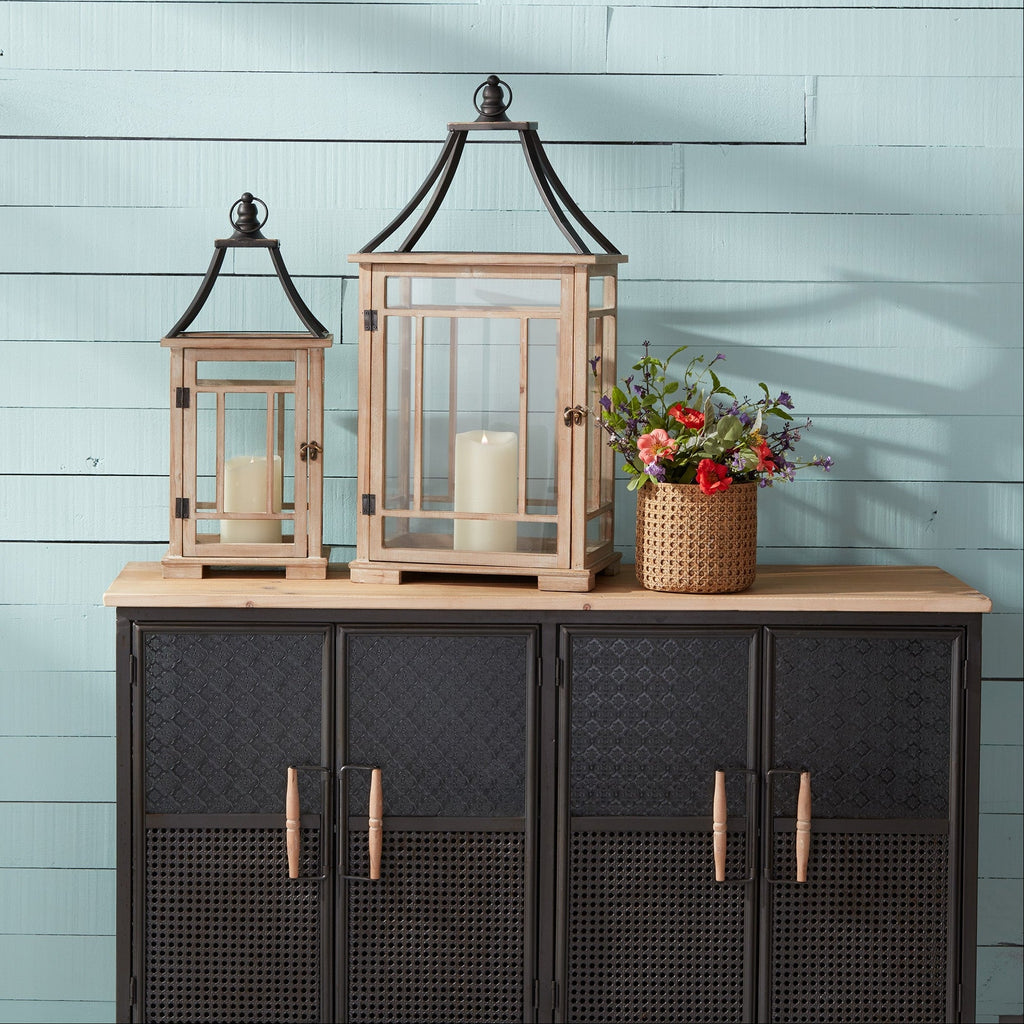 Set of 2 Natural Wood Lanterns with Open Metal Lid - Rustic Farmhouse Home Decor, Decorative Wood Lanterns