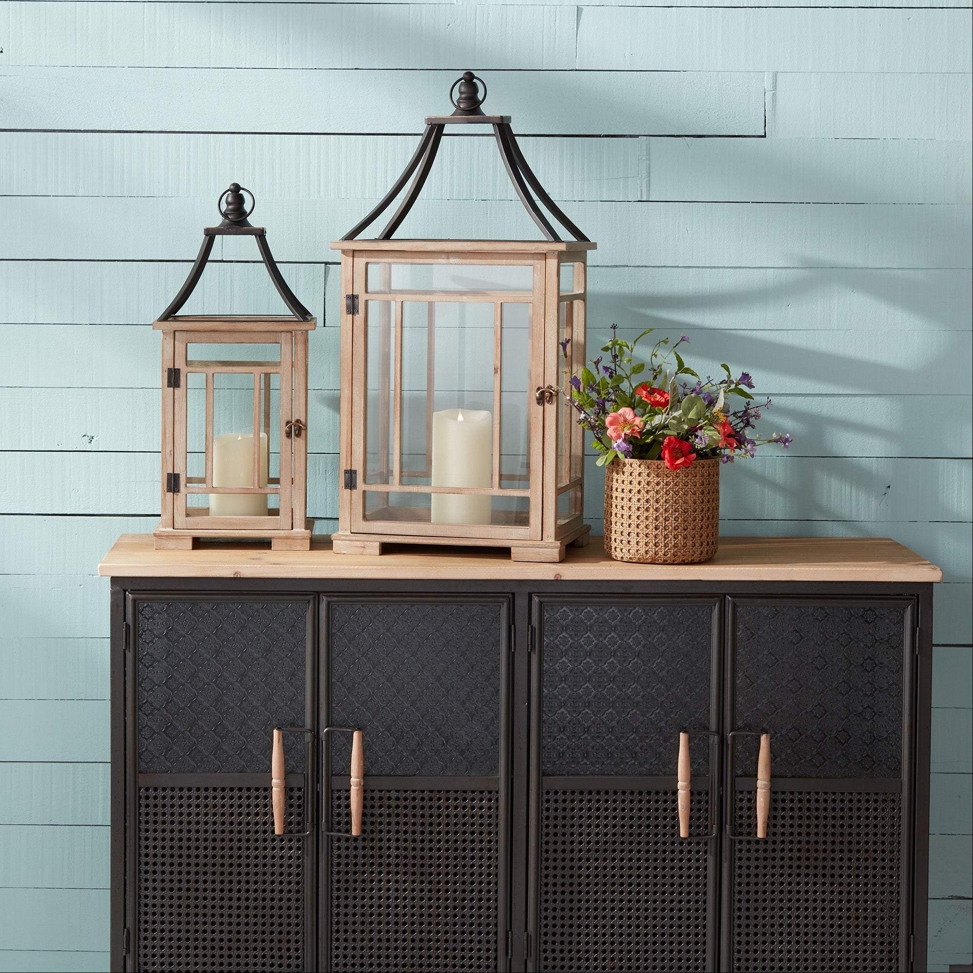 Set of 2 Natural Wood Lanterns with Open Metal Lid - Rustic Farmhouse Home Decor, Decorative Wood Lanterns