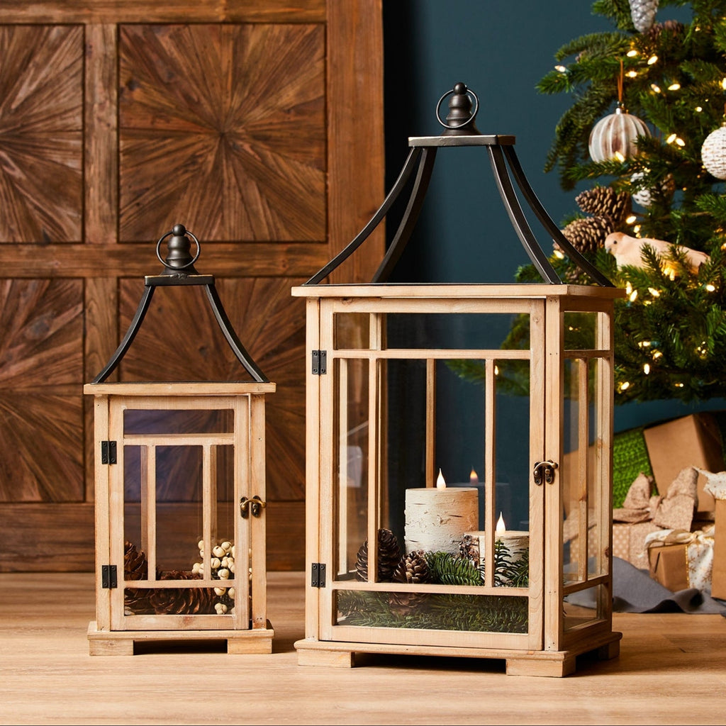 Set of 2 Natural Wood Lanterns with Open Metal Lid - Rustic Farmhouse Home Decor, Decorative Wood Lanterns