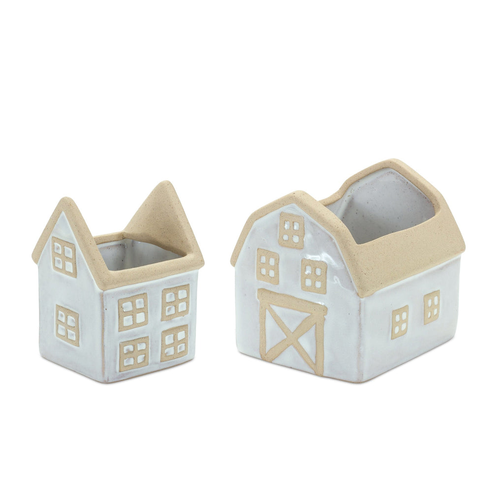 Neutral Porcelain House and Barn Planter Set for Home Decor