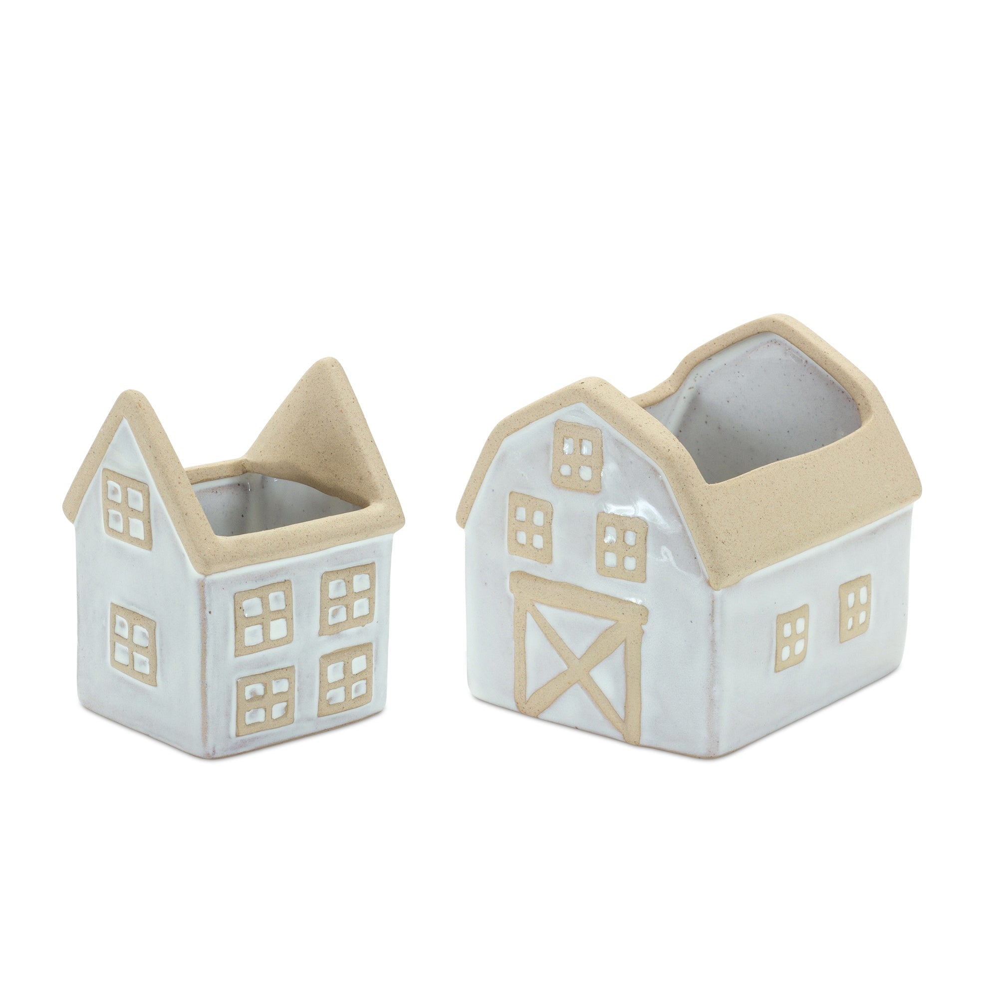 Neutral Porcelain House and Barn Planter Set for Home Decor