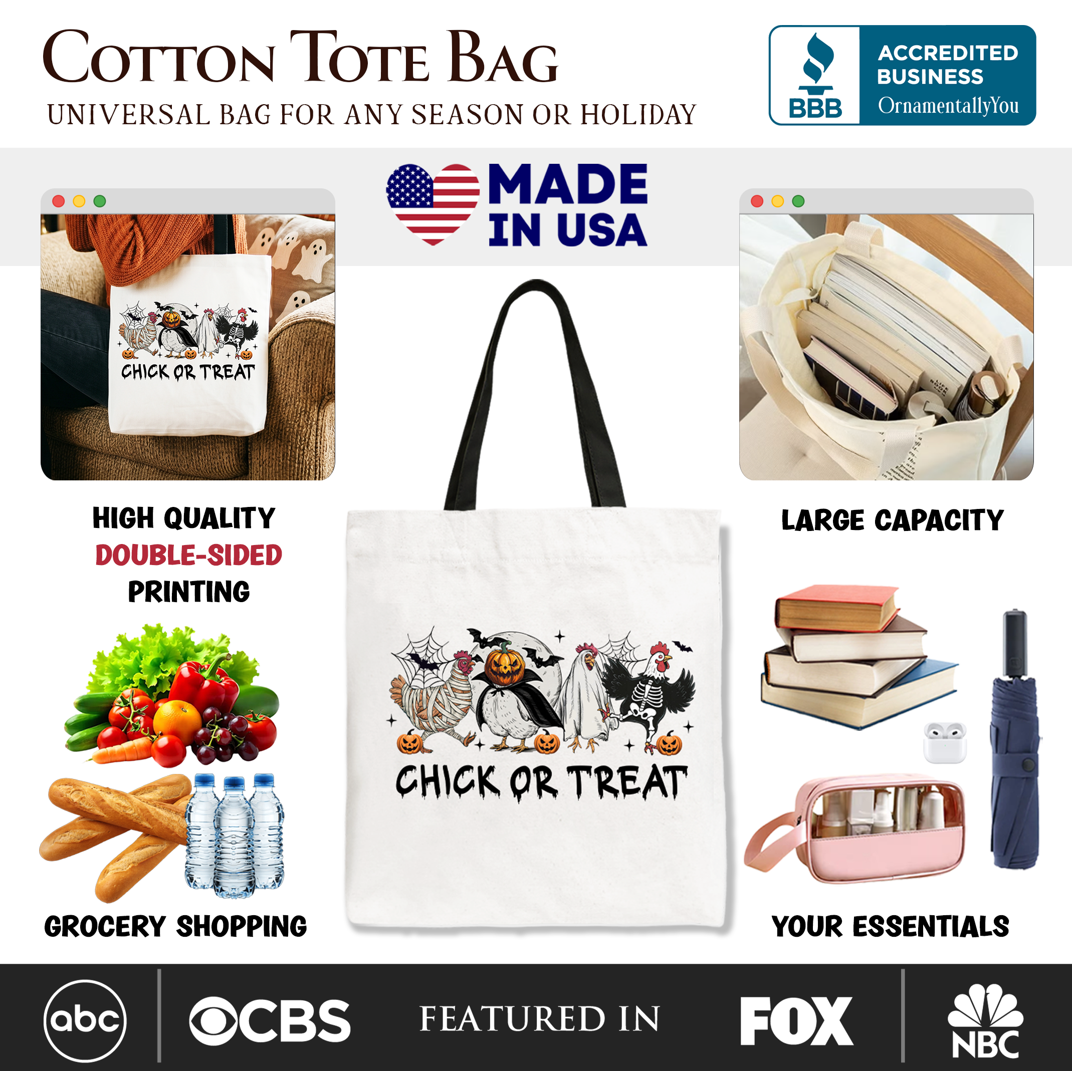Chick or Treat Spooky Tote Bag, Halloween Chicken Gift Shopper for Country Life Enjoyers