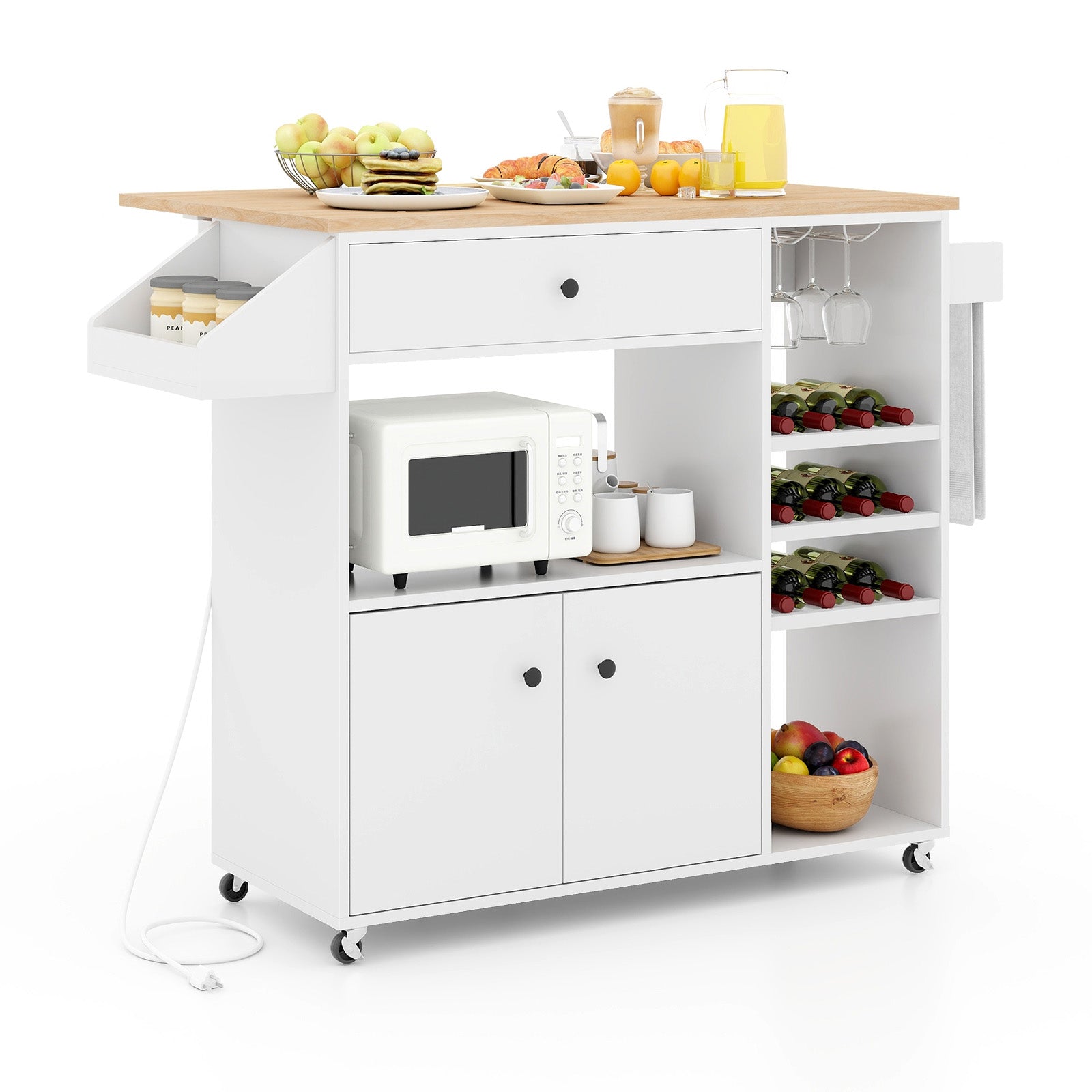 Drop Leaf Mobile Kitchen Island Cart with Power Outlet and Adjustable Shelf-Rustic Brown