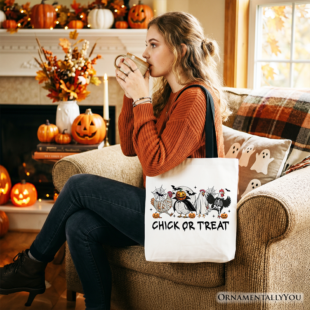 Chick or Treat Spooky Tote Bag, Halloween Chicken Gift Shopper for Country Life Enjoyers