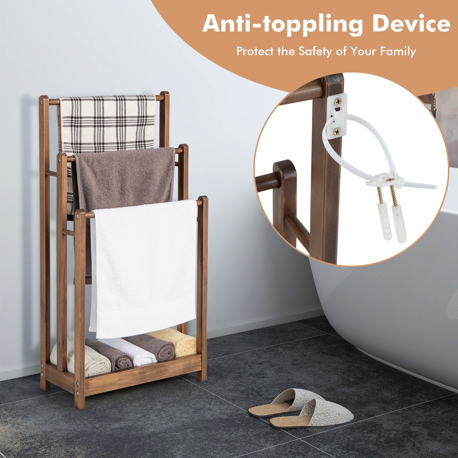 Freestanding Towel Rack 3-Bar Hand Towel Drying Stand with Bottom Storage Shelf