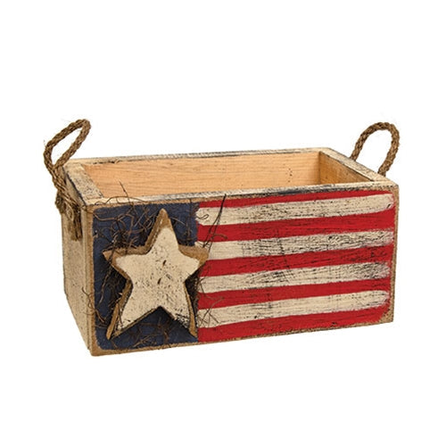 Rustic Wooden Flag Storage Box with Rope Handles – Farmhouse Americana Decor