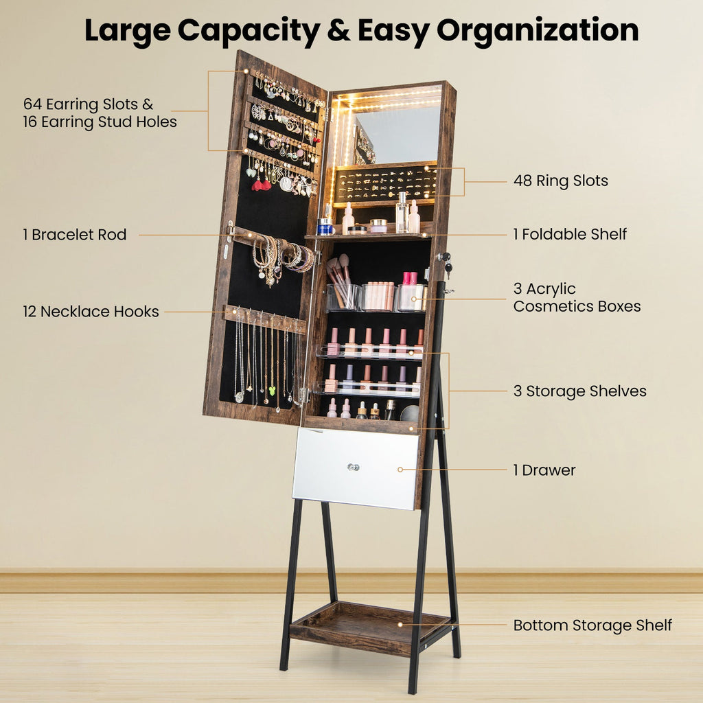 Lockable Freestanding Jewelry Organizer with Full-Length Frameless Mirror
