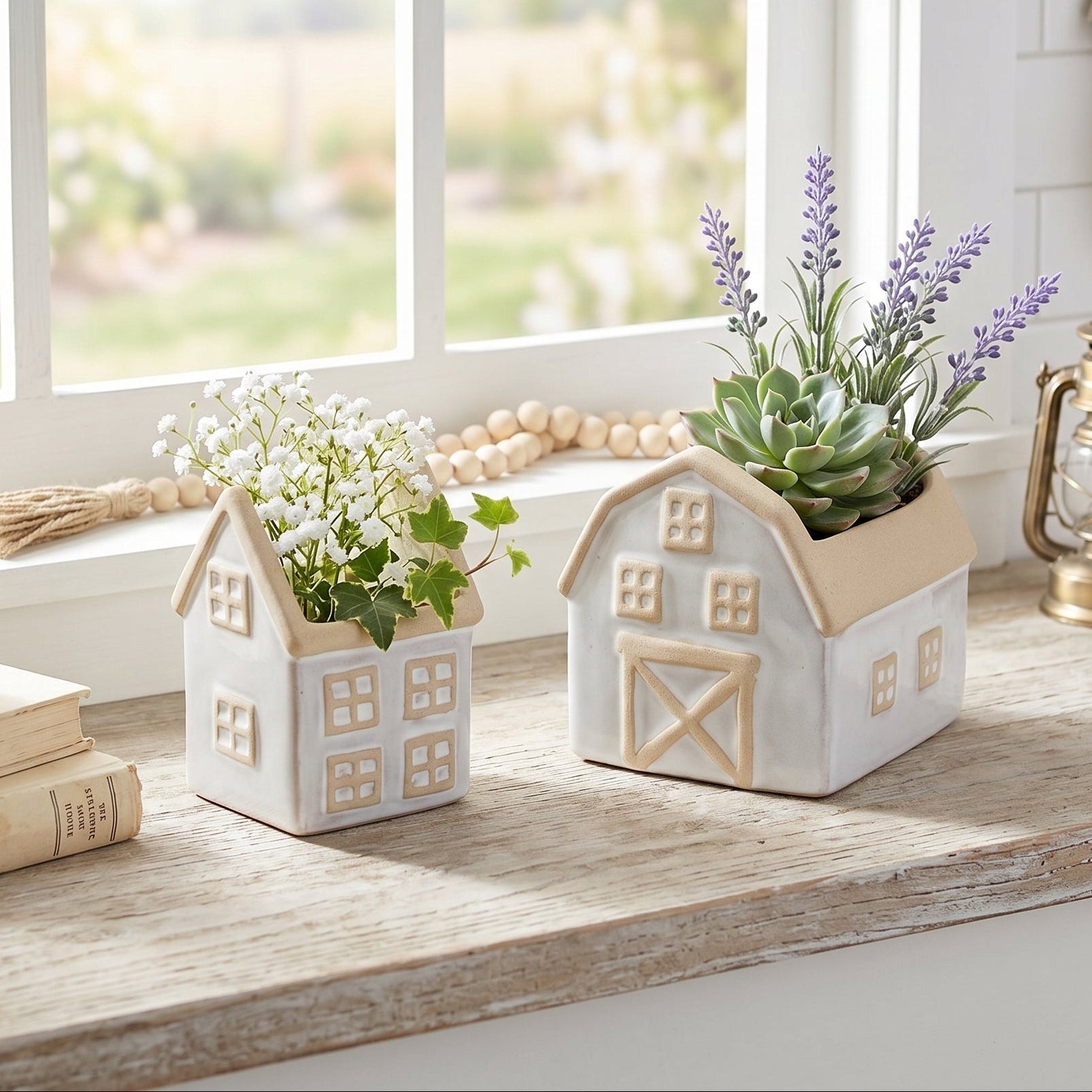 Neutral Porcelain House and Barn Planter Set for Home Decor