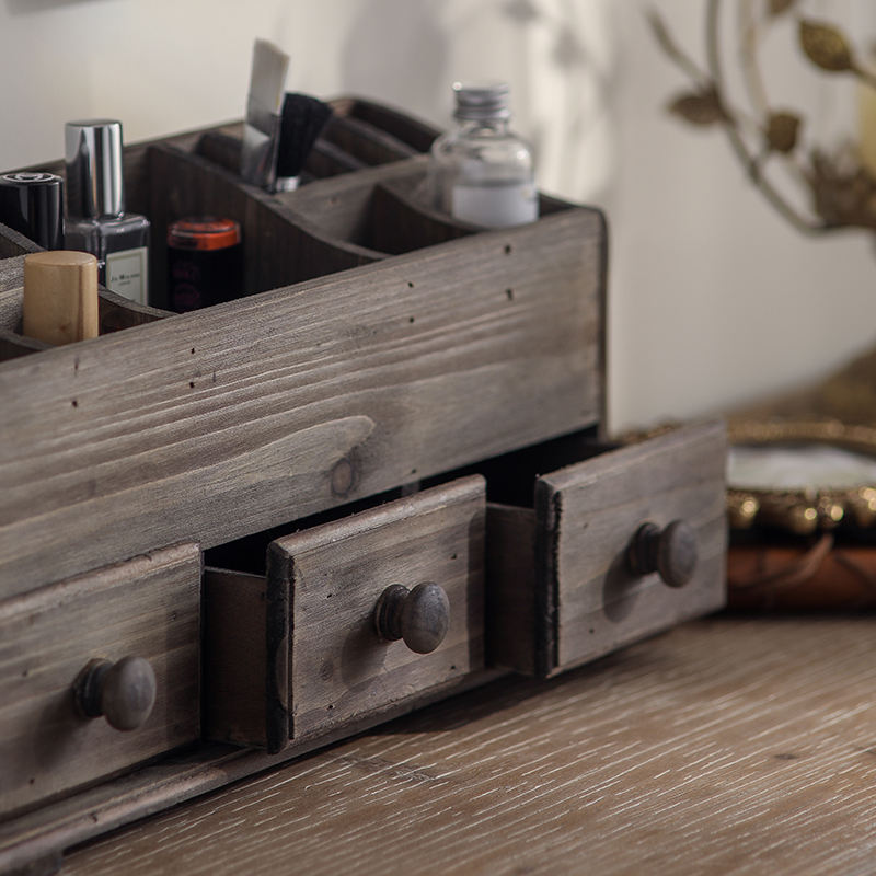 Rustic Wooden Desk Organizer with Drawers