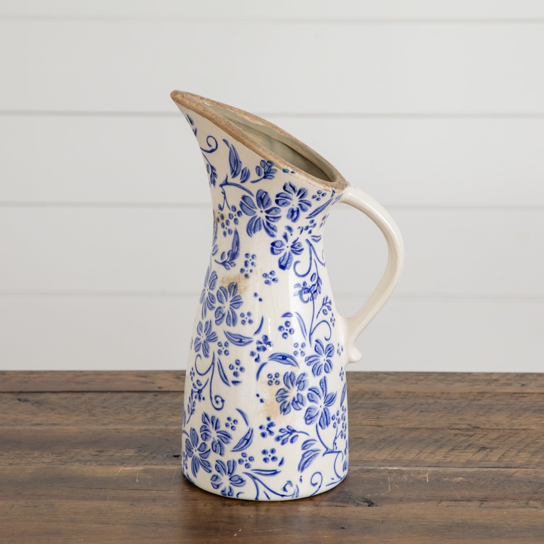 10.5” Floral Tuscan Ceramic Blue Scroll Pitcher Vase