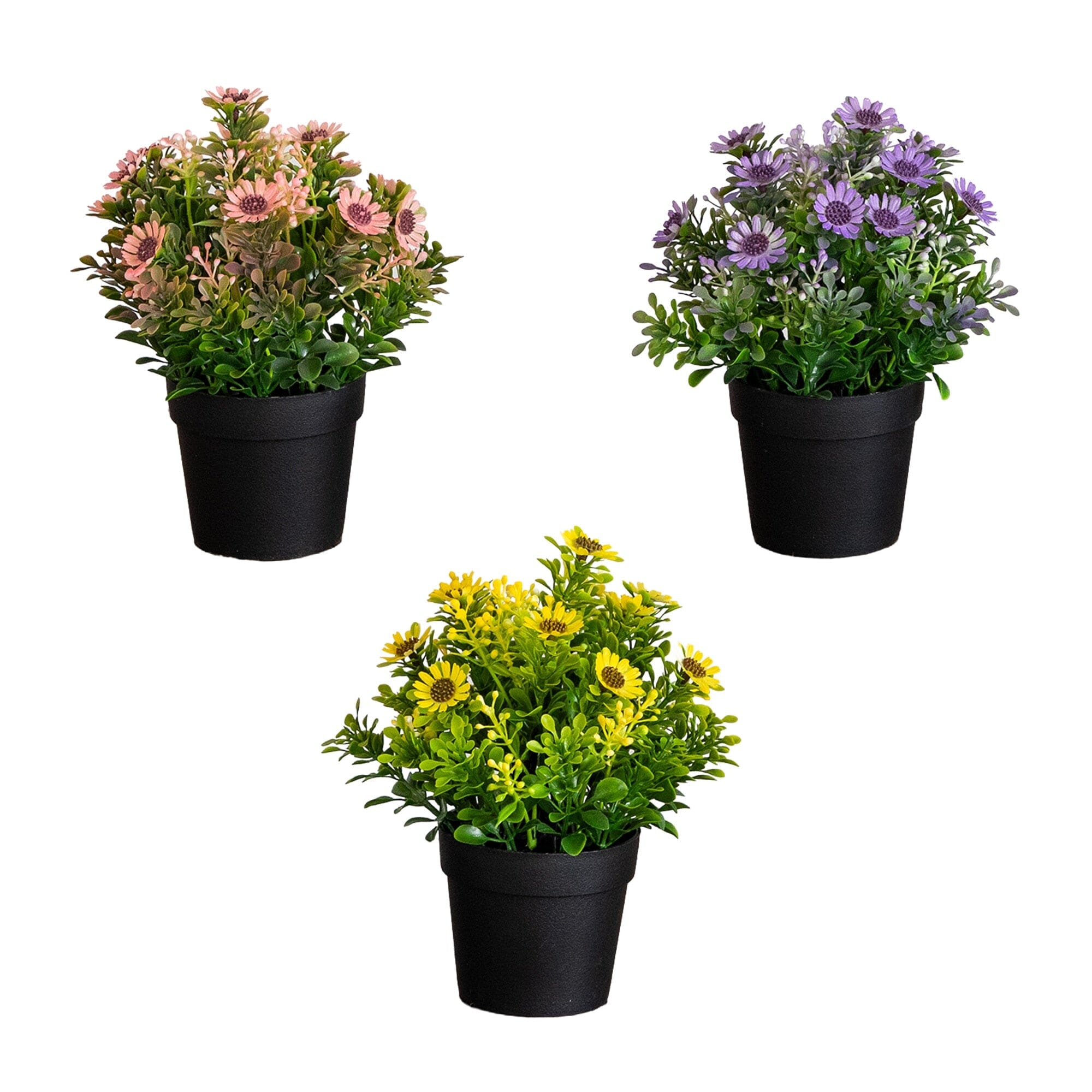 8" Artificial Flowering Daisy in Black Pot - Set of 3