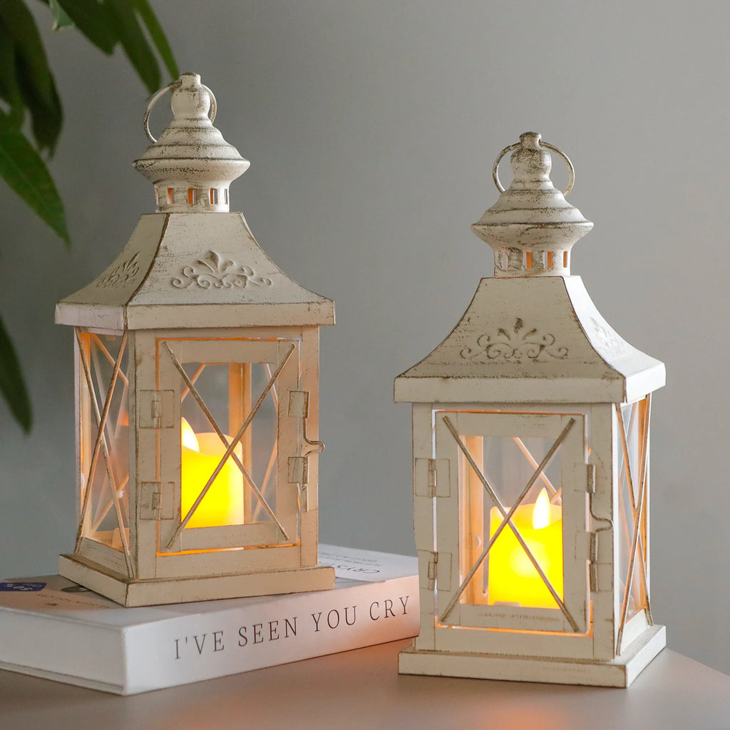 Set of 2 11''High Decorative Candle Lantern (metal & tempered glass)
