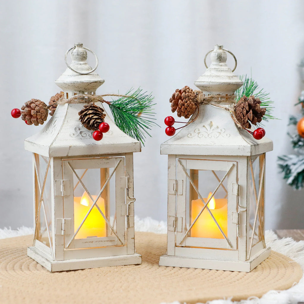 Set of 2 11''High Decorative Candle Lantern (metal & tempered glass)