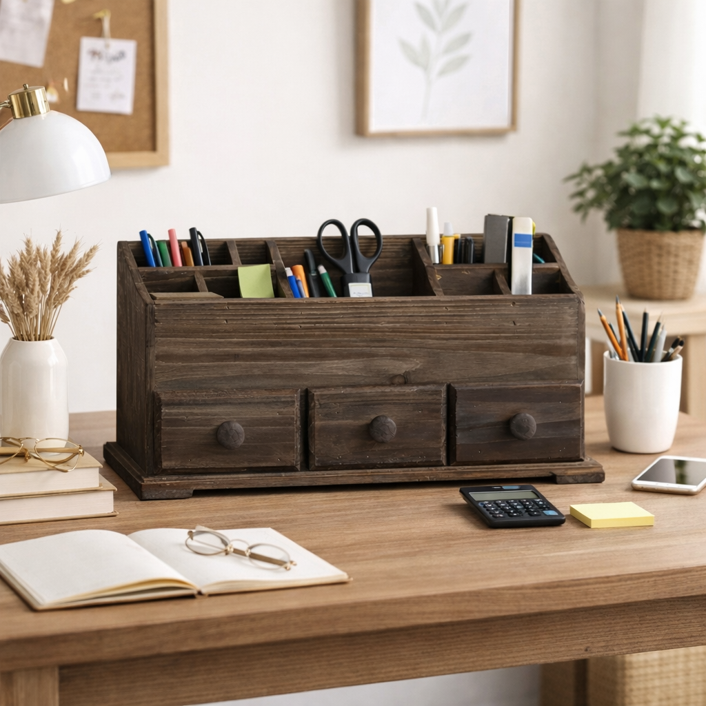 Rustic Wooden Desk Organizer with Drawers