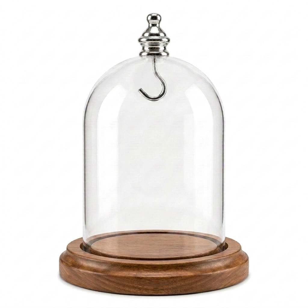 Pocket Watch Glass Display Dome Cloche Real Walnut Wood Base & Silver Hook 3"x4"
