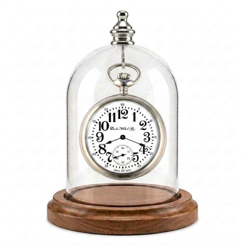 Pocket Watch Glass Display Dome Cloche Real Walnut Wood Base & Silver Hook 3"x4"