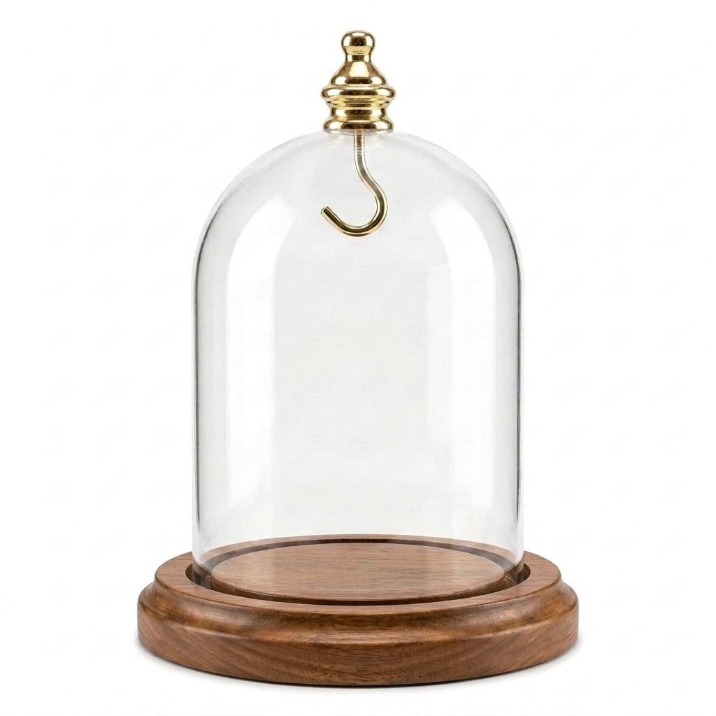 Pocket Watch Glass Display Dome Cloche Real Walnut Wood Base & Silver Hook 3"x4"