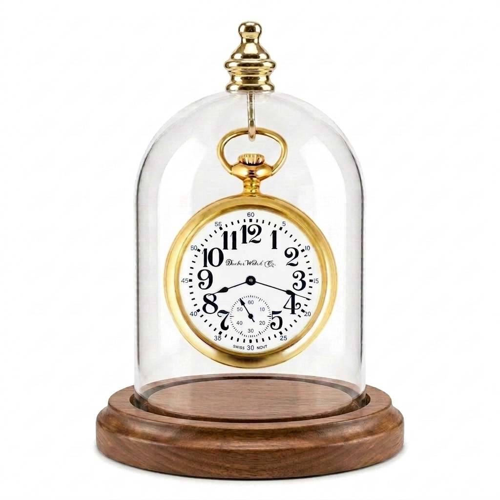 Pocket Watch Glass Display Dome Cloche Real Walnut Wood Base & Silver Hook 3"x4"