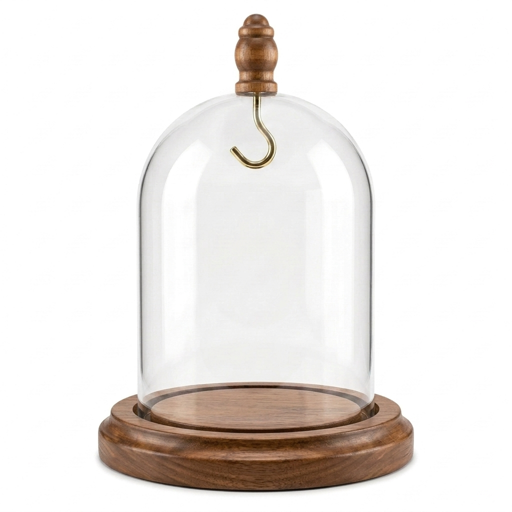 Pocket Watch Glass Display Dome Cloche Real Walnut Wood Base & Silver Hook 3"x4"