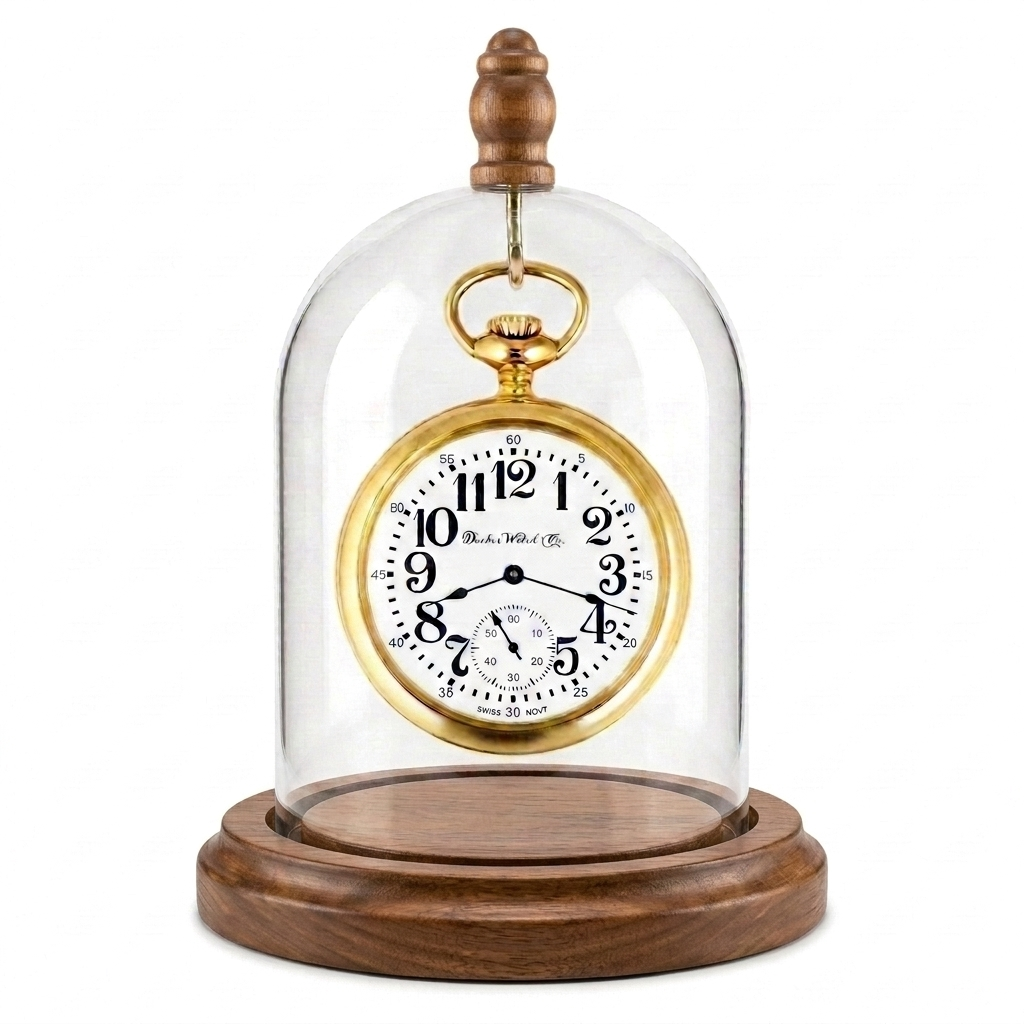 Pocket Watch Glass Display Dome Cloche Real Walnut Wood Base & Silver Hook 3"x4"