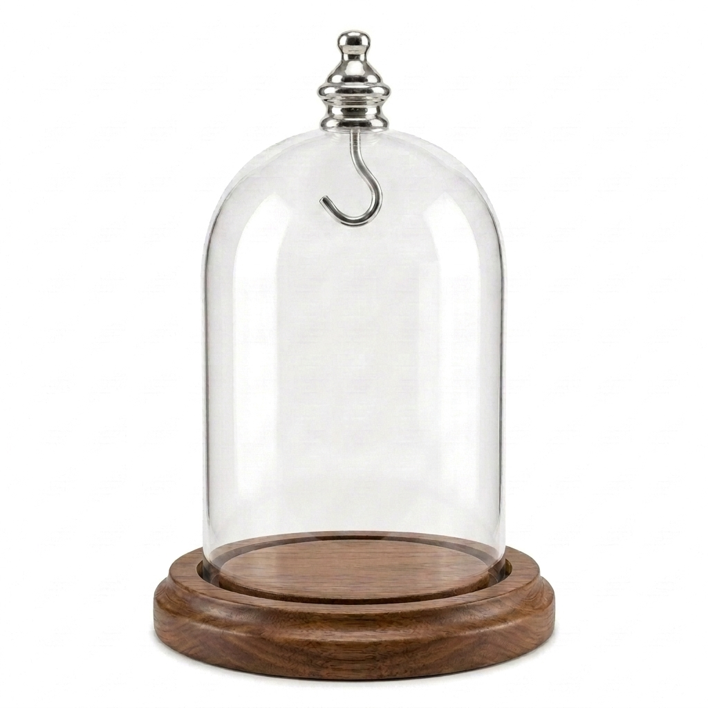 Pocket Watch Glass Display Dome Cloche Real Walnut Wood Base & Silver Hook 3"x4"