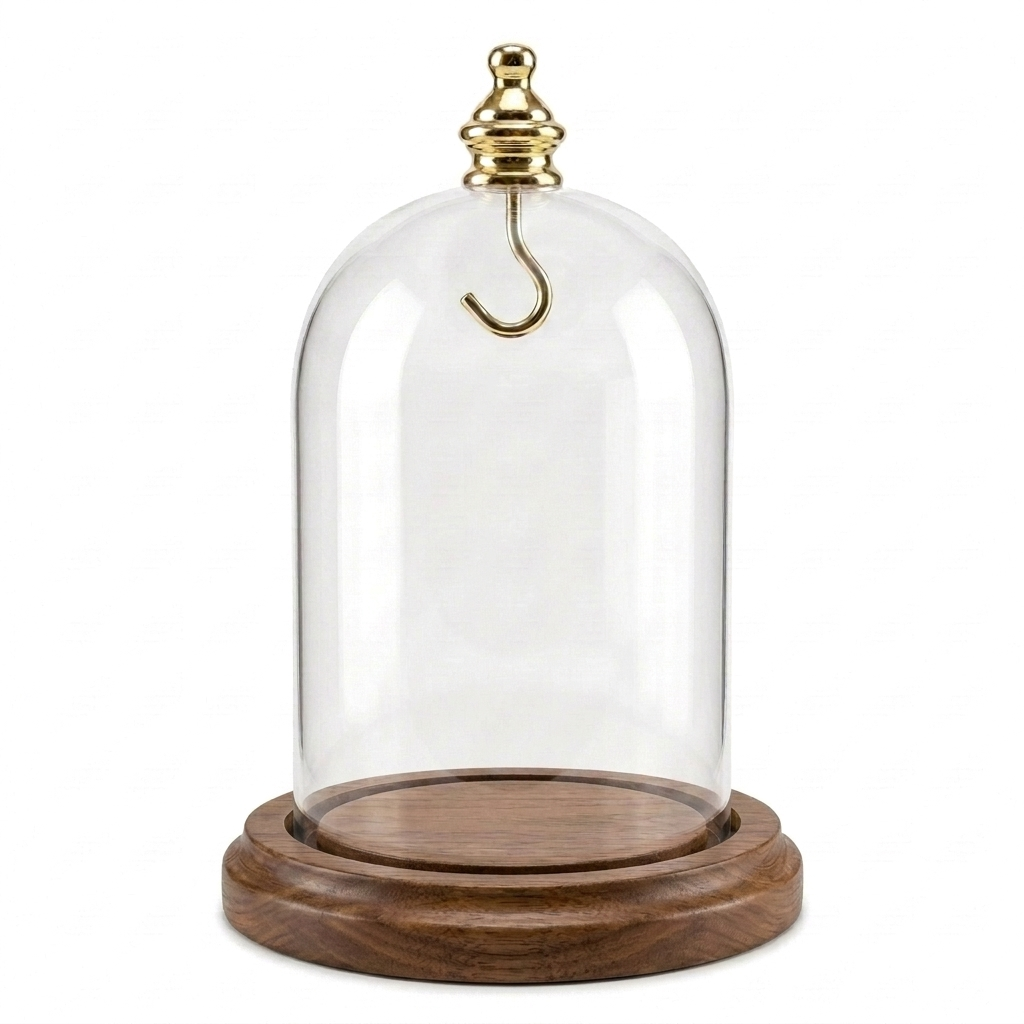 Pocket Watch Glass Display Dome Cloche Real Walnut Wood Base & Silver Hook 3"x4"