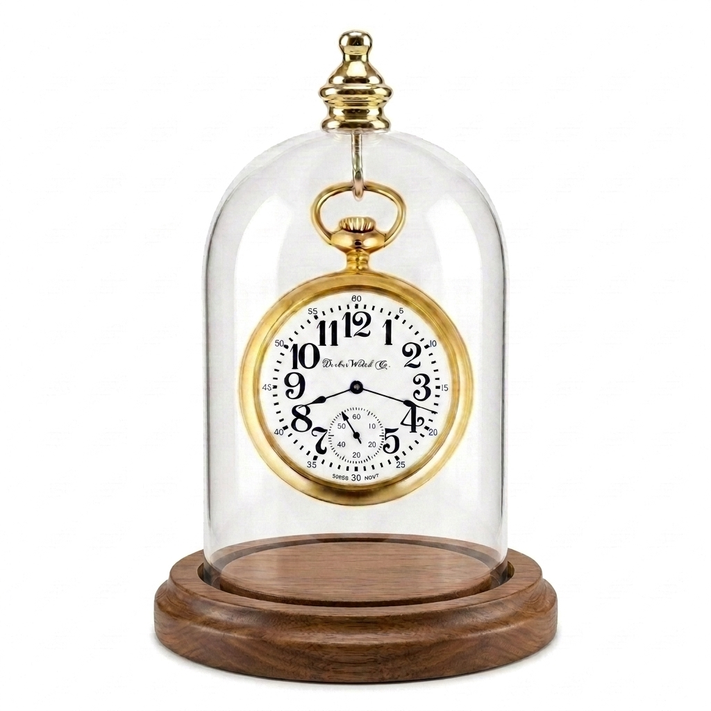 Pocket Watch Glass Display Dome Cloche Real Walnut Wood Base & Silver Hook 3"x4"