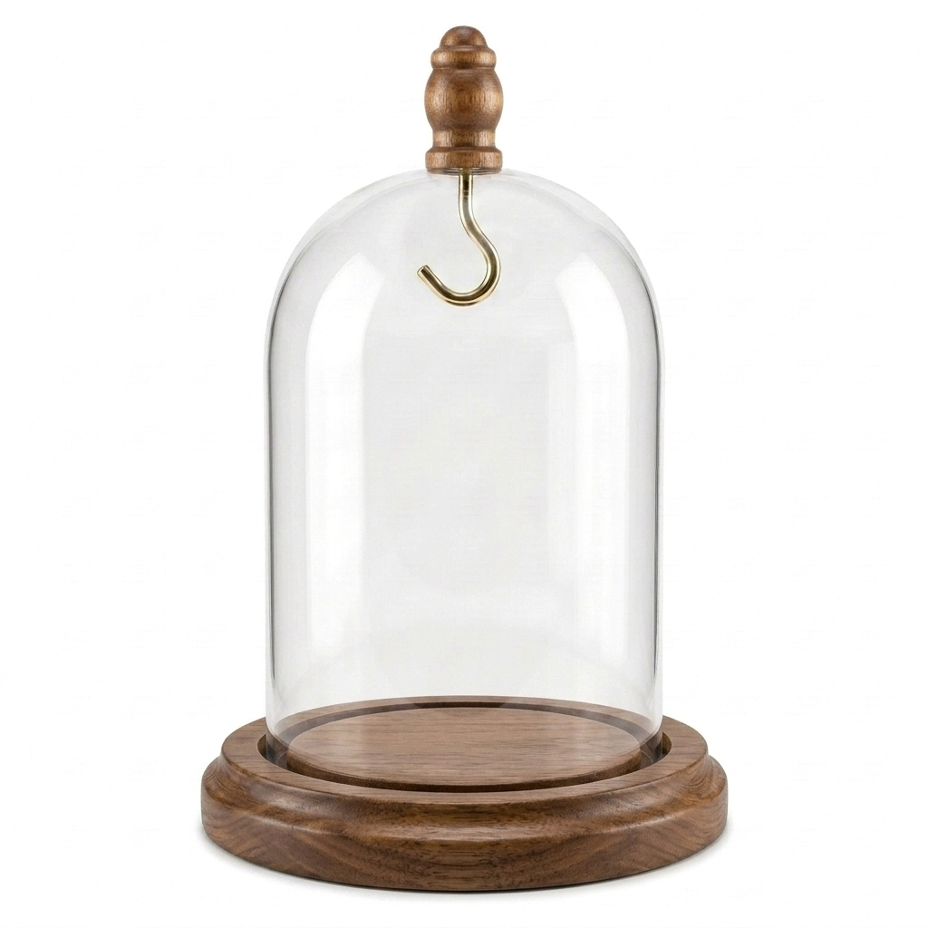 Pocket Watch Glass Display Dome Cloche Real Walnut Wood Base & Silver Hook 3"x4"