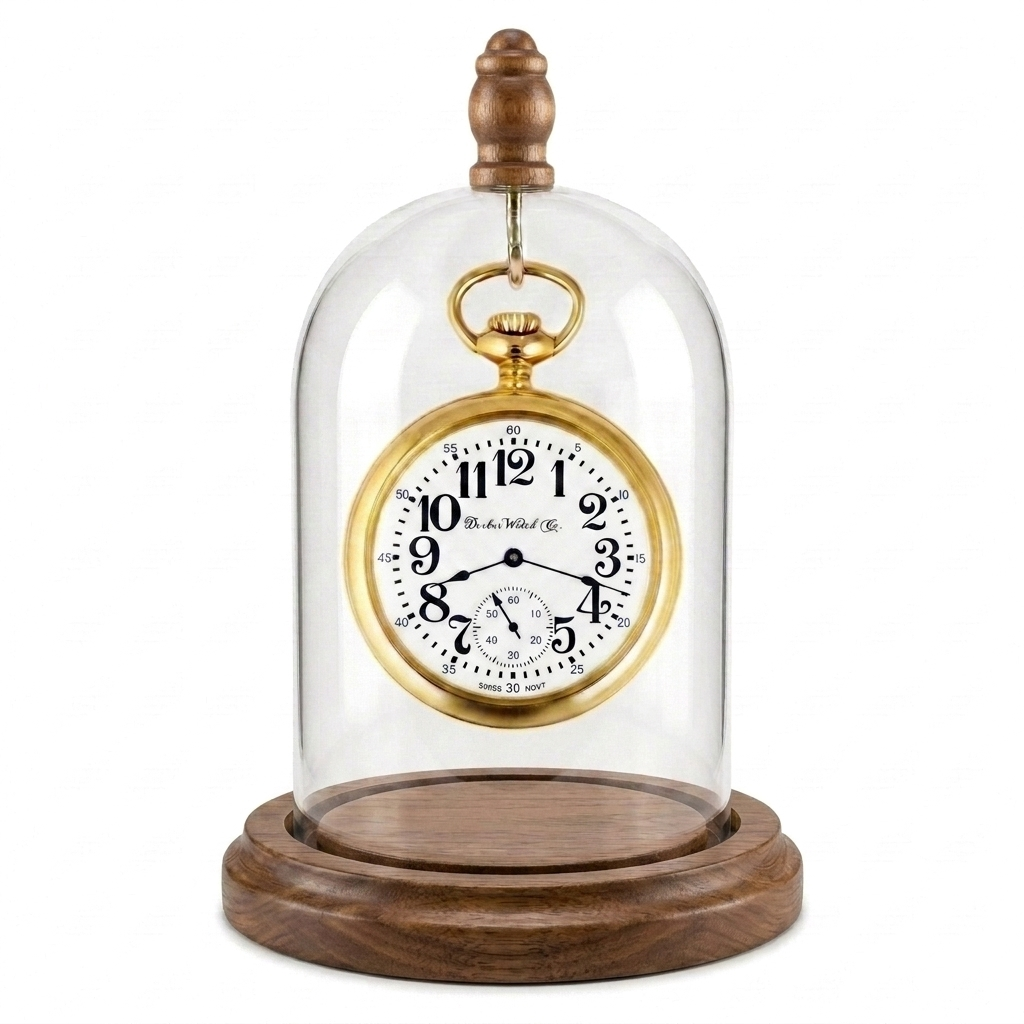 Pocket Watch Glass Display Dome Cloche Real Walnut Wood Base & Silver Hook 3"x4"