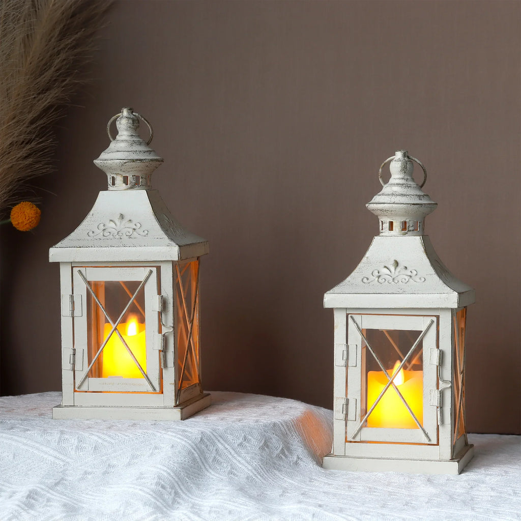 Set of 2 11''High Decorative Candle Lantern (metal & tempered glass)