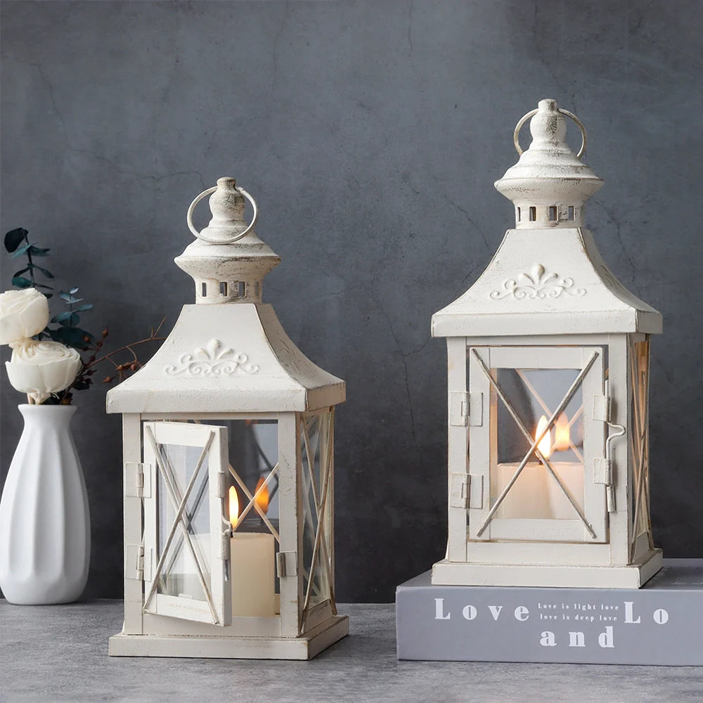 Set of 2 11''High Decorative Candle Lantern (metal & tempered glass)