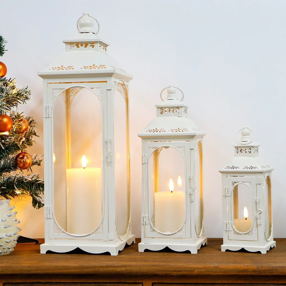 Set of 3 Decorative Vintage Candle Lanterns (White)