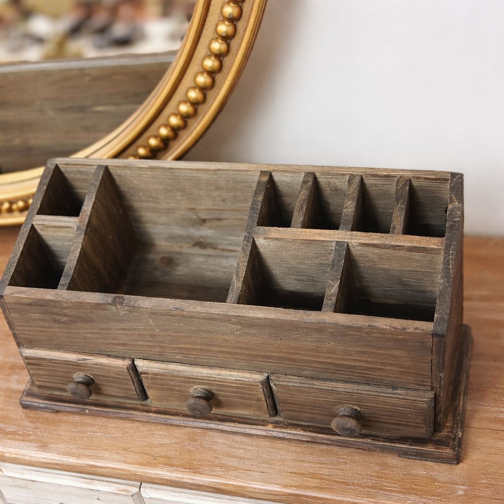 Rustic Wooden Desk Organizer with Drawers