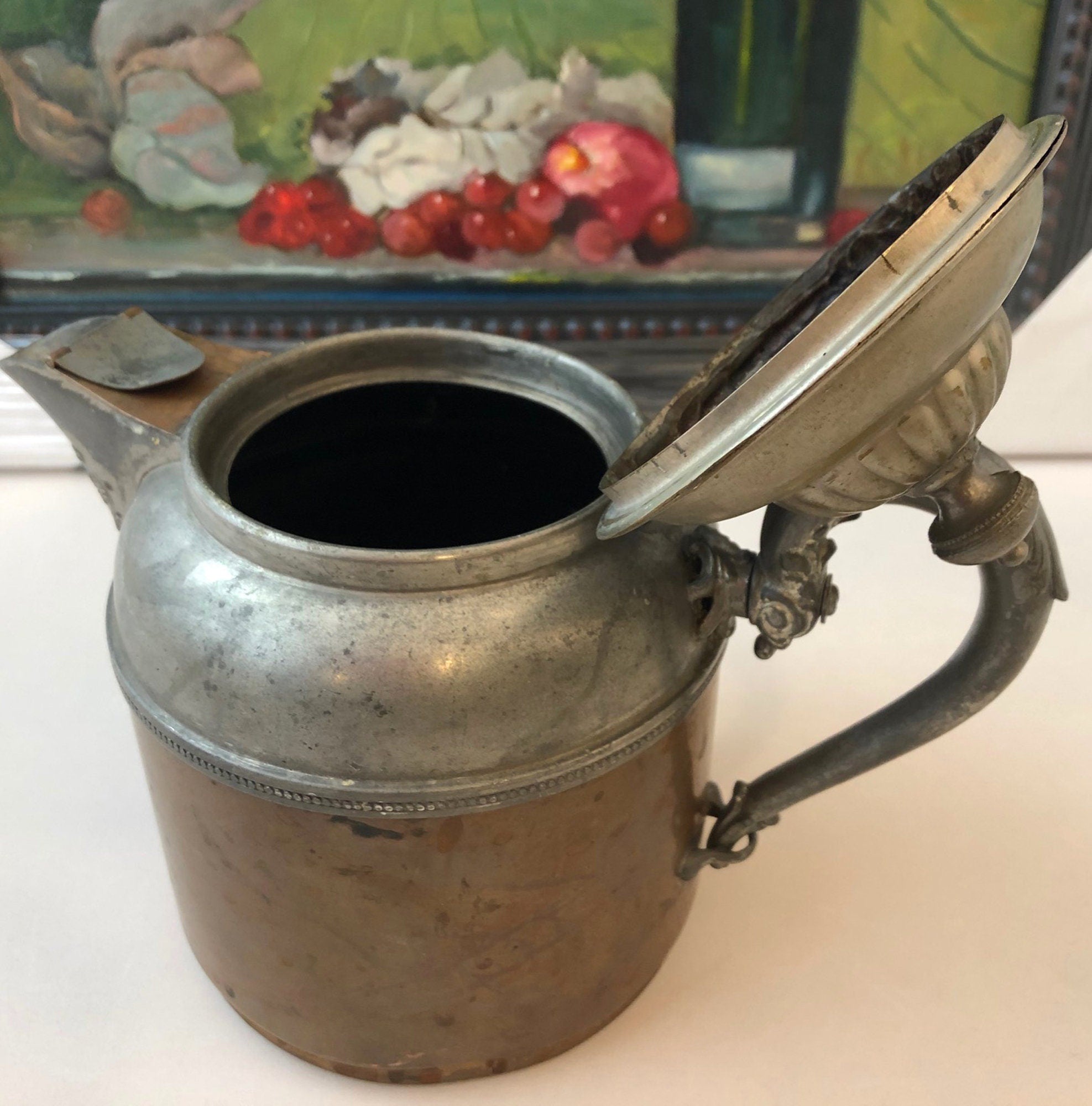 Antique Manning Bowman Copper Pewter Coffee Pot, Ornate Lid - Rustic Decor