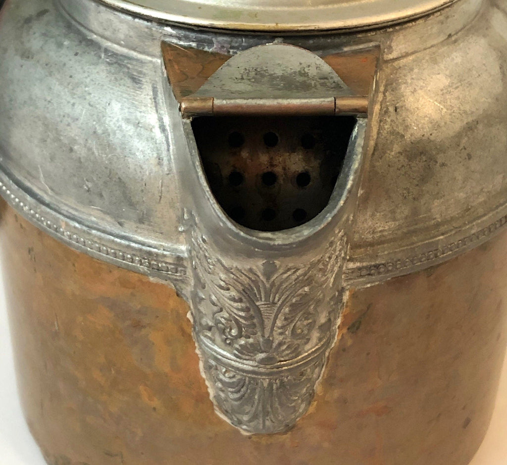 Antique Manning Bowman Copper Pewter Coffee Pot, Ornate Lid - Rustic Decor