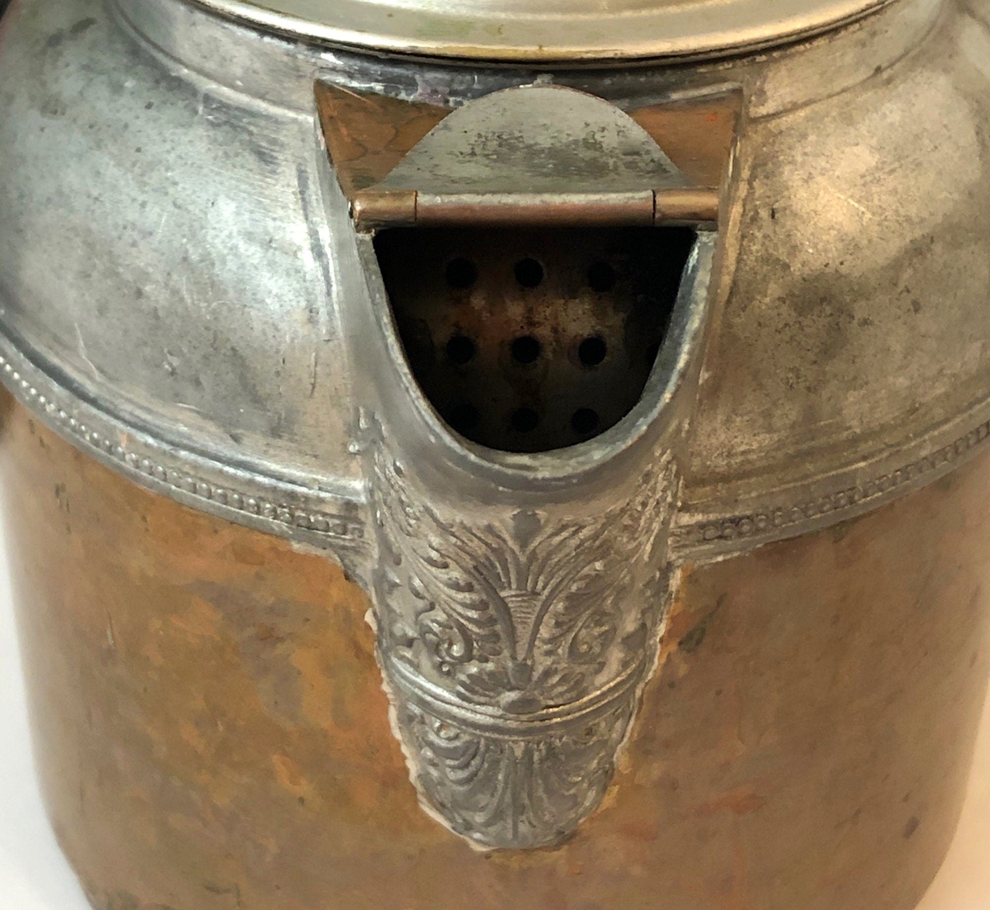 Antique Manning Bowman Copper Pewter Coffee Pot, Ornate Lid - Rustic Decor