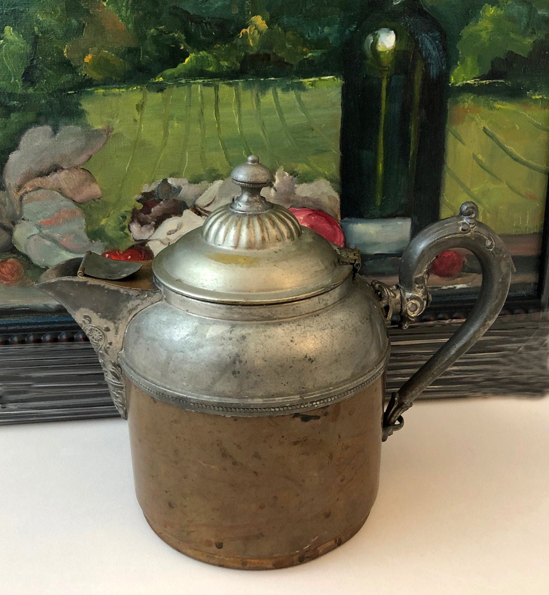 Antique Manning Bowman Copper Pewter Coffee Pot, Ornate Lid - Rustic Decor