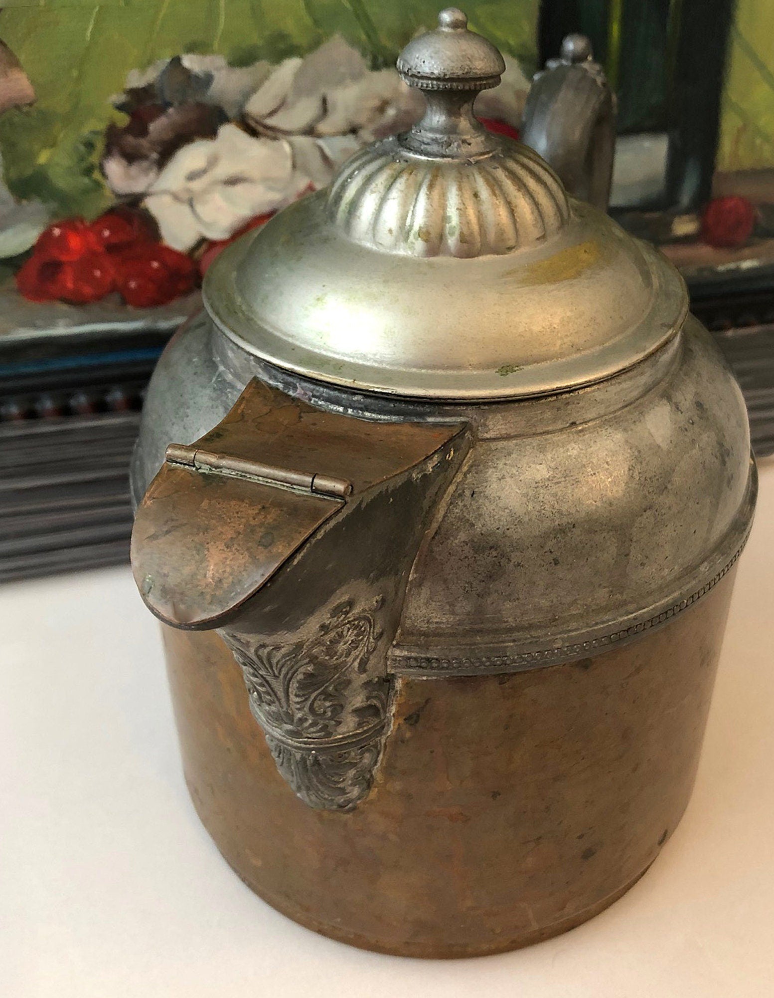 Antique Manning Bowman Copper Pewter Coffee Pot, Ornate Lid - Rustic Decor