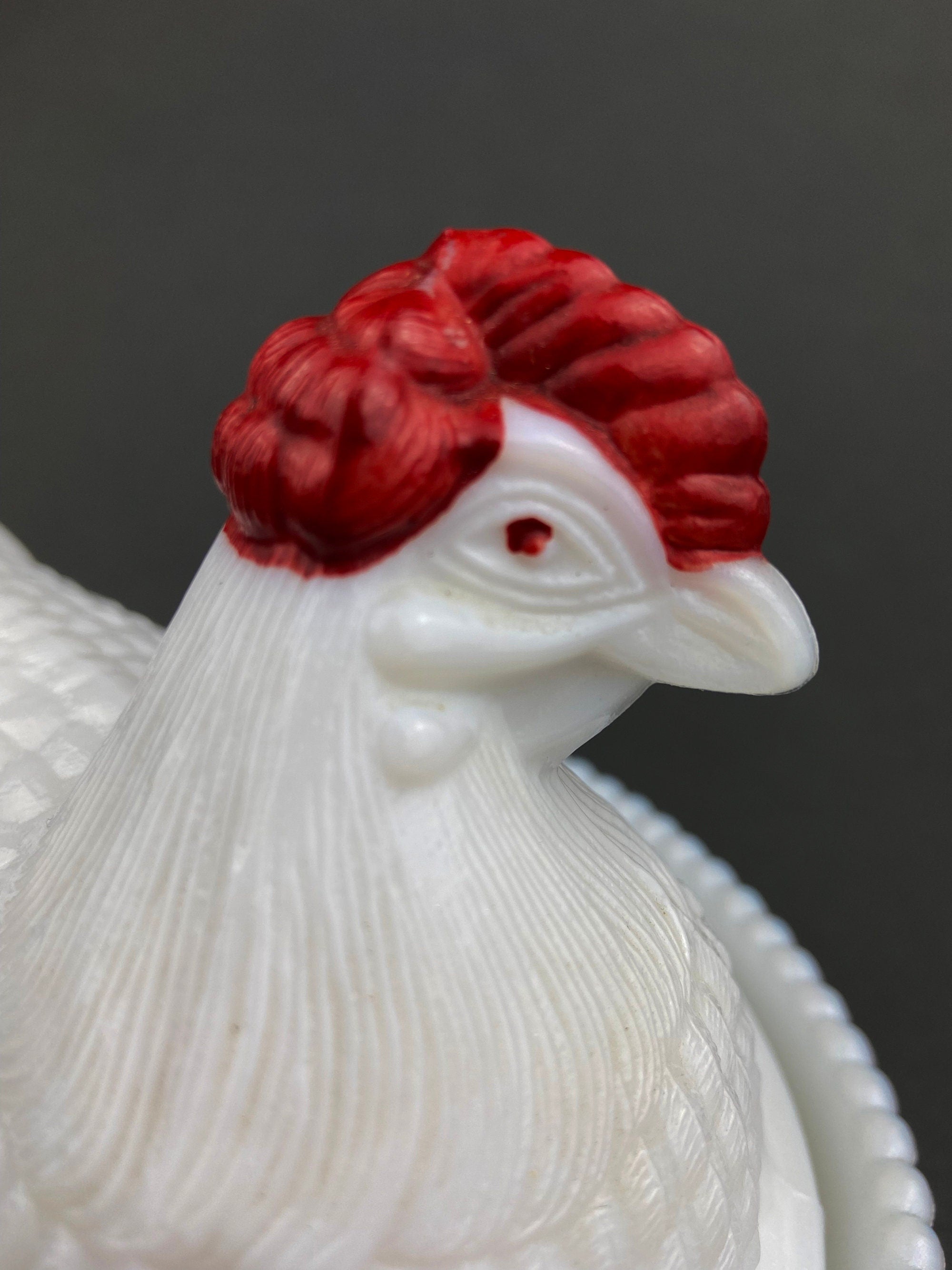 Westmoreland Milk Glass Covered Bowl Shaped Like Rooster on Nest. White Rooster with Red Comb. Lidded Butter Serving Dish. Modern Farmhouse.
