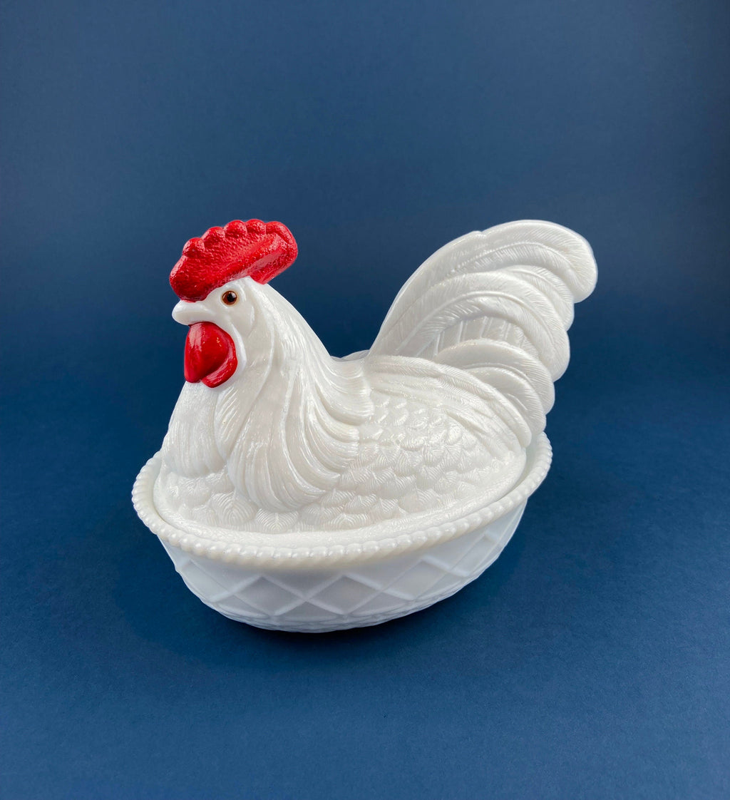Westmoreland Milk Glass Covered Bowl Shaped Like Rooster on Nest. White Rooster with Red Comb. Lidded Butter Serving Dish. Modern Farmhouse.