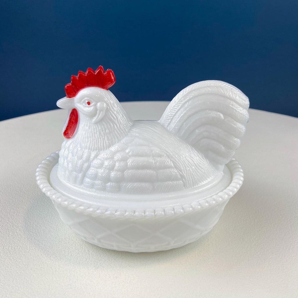 Westmoreland Milk Glass Covered Bowl Shaped Like Rooster on Nest. White Rooster with Red Comb. Lidded Butter Serving Dish. Modern Farmhouse.