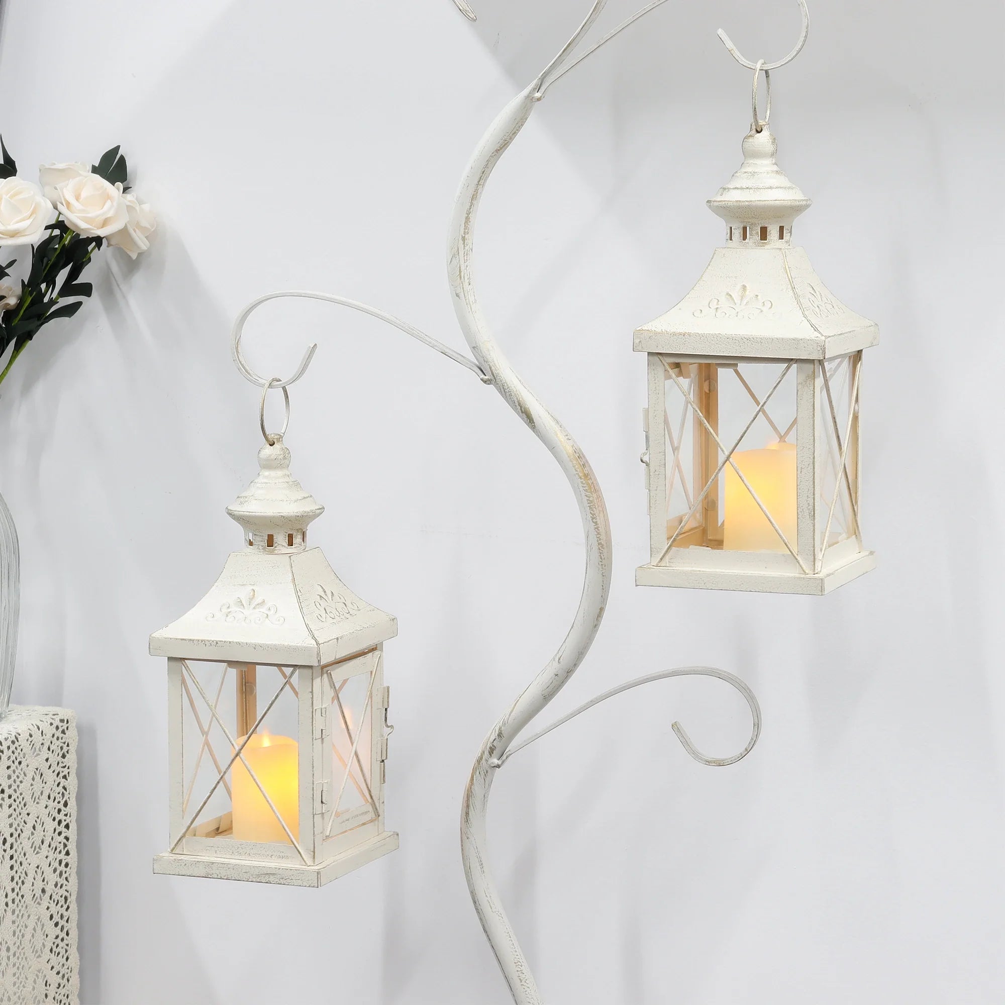 Set of 2 11''High Decorative Candle Lantern (metal & tempered glass)