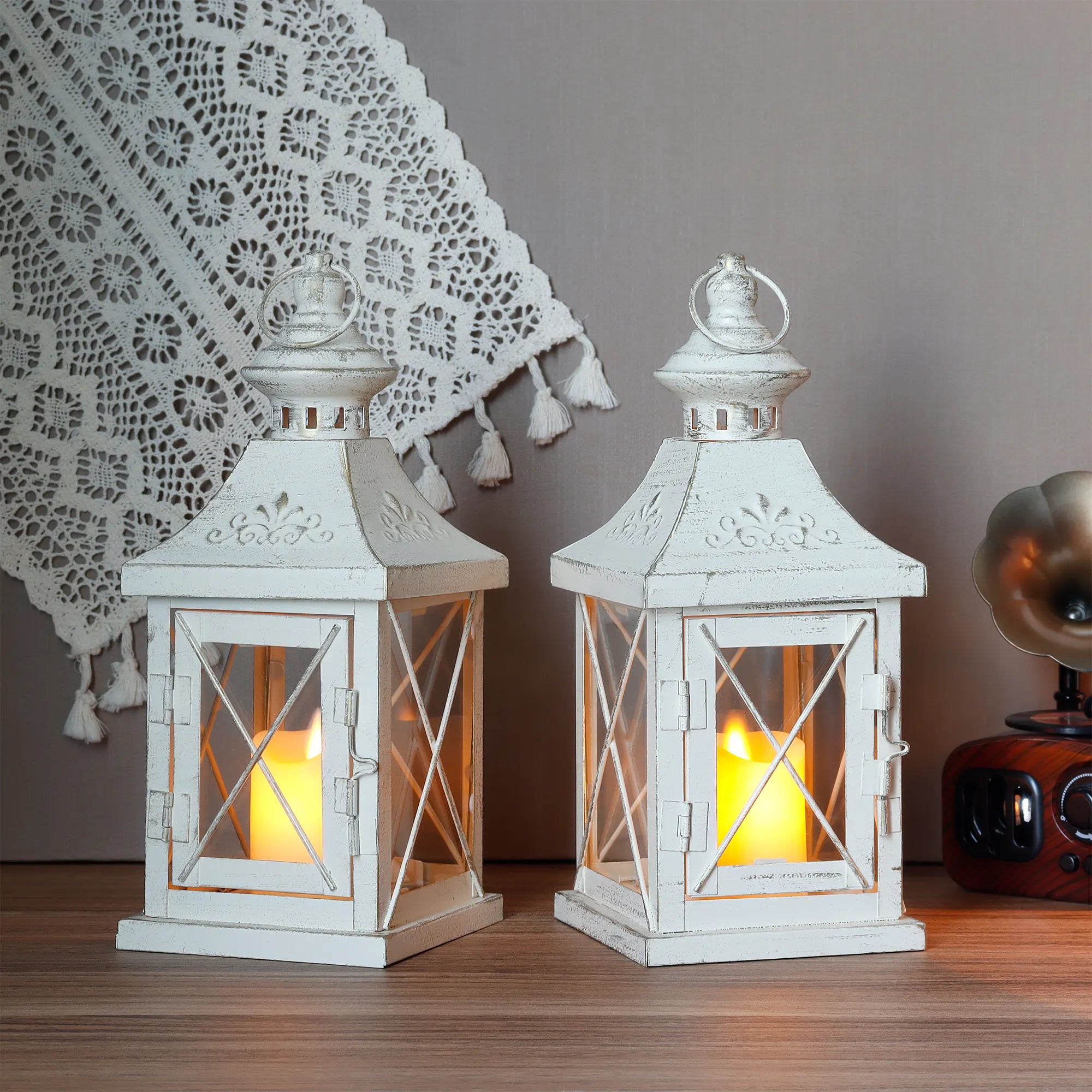 Set of 2 11''High Decorative Candle Lantern (metal & tempered glass)